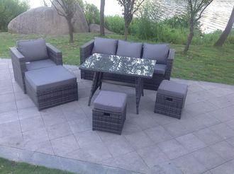 Fimous Dark Mixed Grey Rattan Garden Outdoor Sofa Set Chair Rectangular Dining Table Big Footstool in Dark Grey
