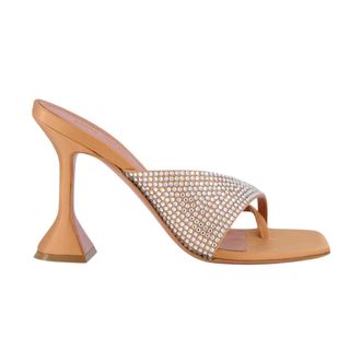 Amina Muaddi Heeled Mules, female, Beige, Size: 6 1/2 US Crystal-adorned Satin Slipper with Clear Heel