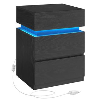 Vasagle Mesita de noche con tira de luz led de color negro con veta de madera