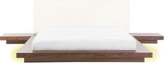 Beliani Modern eu King Size Platform Bed with led 5ft3 Side Tables Faux Leather Headboard mdf Brown Ash Wood Zen