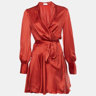 Zimmermann Red Satin Ruffle Wrap Mini Dress