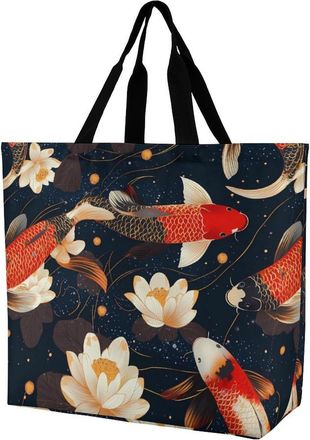 Generic Gold And Red Japanese Fish Large Reusable Shopping Bag Lightweight Foldable Tote Bags Washable Shoulder Handbag