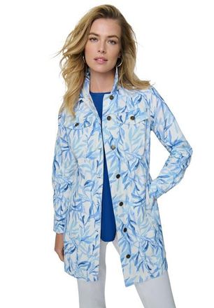 Jessica London Long Denim Jacket in Blue Watercolor Palms at Nordstrom, Size 32