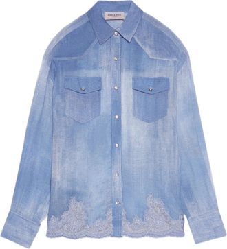 Ermanno Scervino Denim-Inspired Georgette Shirt With Lace Trim And Pearl Snap Buttons