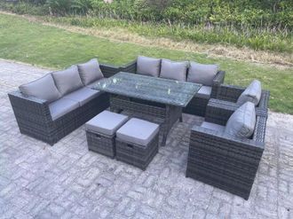 Fimous Outdoor Lounge Sofa Garden Furniture Set Patio Rattan Dining Table 2 Armchair 2 Stools 10 Seater in Dark Grey