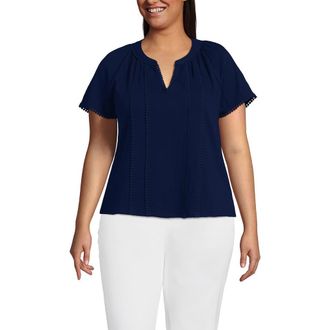 Lands End Plus Size Slub Short Sleeve Notch Neck Top in Deep Sea Navy at Nordstrom, Size 2X