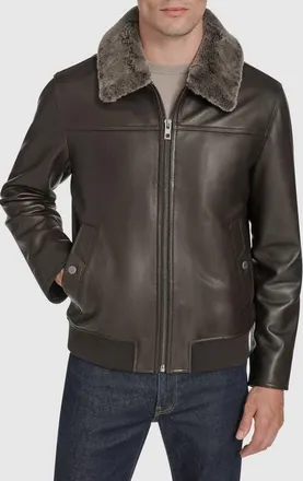 Andrew Marc Leather Aviator Jacket with Removable Genuine Shearling Collar in Chocolate at Nordstrom, Size Xx-Large
