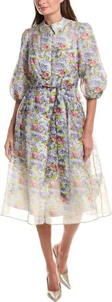 Teri Jon by Rickie Freeman Print 3/4-Sleeve Silk & Linen-Blend Shirtdress