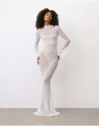 Six Stories Vestito lungo in pizzo elasticizzato trasparente bianco con maniche svasate