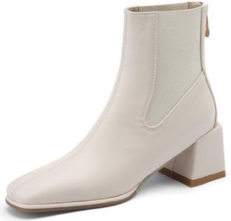 Generic Womens PU Leather Chelsea Ankle Boots Square Toe Stretch Panel Block Heels Pull Tab Soft Lining Cushioned Insole Durable Non-Slip Outsole,Beige,4.5 UK