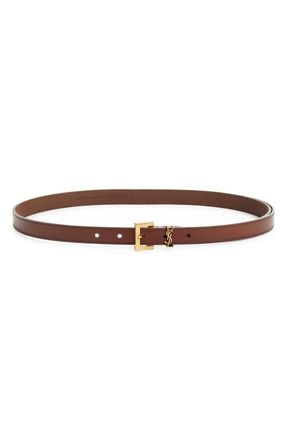 Saint Laurent Cassandre Logo Skinny Leather Belt in Dark Wet Clay at Nordstrom, Size 100