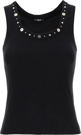 Versace Geribbelde Stretch Katoenen Tanktop - Dames - Tops zonder mouwen - Zwart - S - Katoen - Tops
