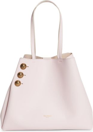 Balmain Emblem Crest Button Calfskin Shopper in 4Ak Pale Pink at Nordstrom