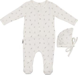Maniere Pointelle Leaves Footie & Hat Set in Ivory at Nordstrom, Size Newborn