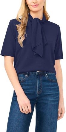 CeCe by Cynthia Steffe Tie Neck Short Sleeve Sweater in Classic Navy at Nordstrom, Size X-Large
