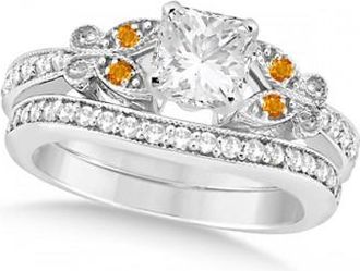 Allurez Princess Diamond & Citrine Butterfly Bridal Set in 14k W Gold (0.96ct)