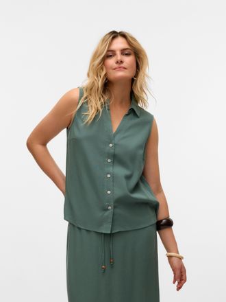 Vero Moda Blusentop VERO MODA VMMYMILO SL V-NECK SHIRT WVN GA, Damen, Gr. XS, laurel wreath, Web, Obermaterial: 55% Viskose, 45% Leinen, unifarben, regular fit 