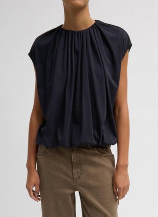 Tibi Shirred Neck Circular T-Shirt In Dark Navy
