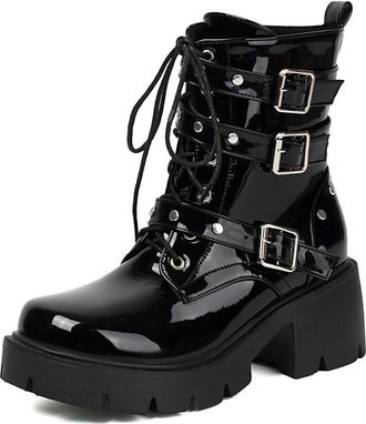 Generic Womens Lace Up Combat Boots with Buckle Patent Leather Short Boots with Zipper Chunky Heel Platform Short Boot,Black1,6.5 UK