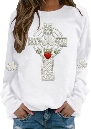 Generic St Patricks Day Sweatshirt For Women Celtic Cross Graphic Christian Faith Sweatshirt Irish Shamrock Print Pullovers Ireland Going Out Tops St Paddys D