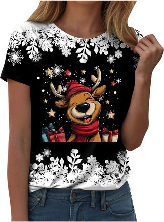Generic Christmas Tops for Women Christmas Shirts UK Short Sleeve Casual Jumper Merry Santa Snowflake Print T-Shirts Loose Funny Xmas Tree Print Sweatshirt Tu