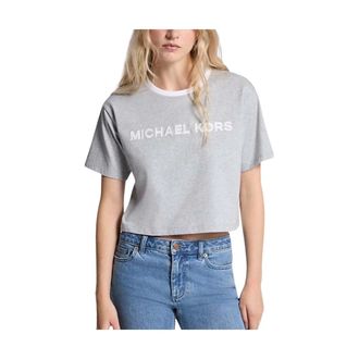 Michael Kors Camiseta casual de algod&oacute;n con logo de aplique - Tops - Mujer - Gris - M