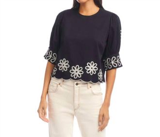 Karen Kane Tesni Three Quarter Sleeve Embroidered Scallop Top In Black And Cream