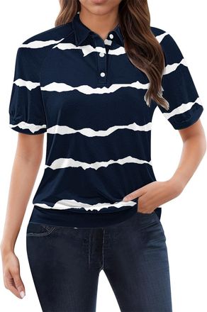 Generic Polo Shirts for Women Short Sleeve Striped Henley Shirts Ladies Golf Tops Workout Sports Gym Tops (Striped A05-Navy, M) Polo Femme