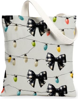 Generic Vintage Chic Canvas Tote Bags, Decorative Bow Pattern Reusable Grocery Bags, Holiday Lightweight Washable Shoulder Strap Ca, Gray, 13x15 Inch