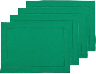 Solino Home Linen Placemats Set of 4, 14 x 19 Inch for Dining Table, Holiday and Everyday Table Decor - Classic Hemstitch in Emerald at Nordstrom