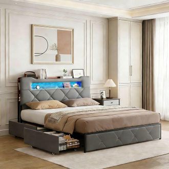 OEM Cama 160x200 Cm Con Almacenamiento, Marco De Cama Para 2 Personas Con Led Y Usb, Cama Para Adultos 160x200 Con 4 Cajones, Terciopelo Gris