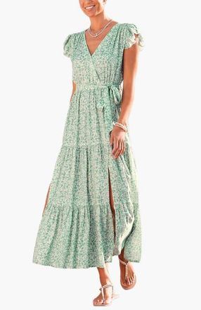 Lascana Womens Flutter Sleeve Maxi Dress in Green Patterned at Nordstrom, Size 10