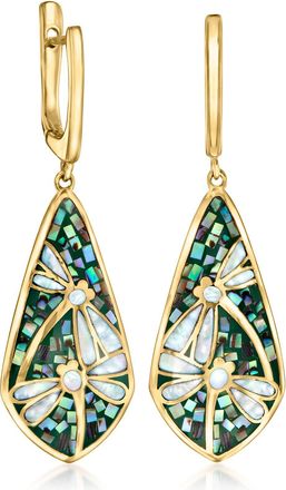 Ross-Simons Mother-Of-Pearl and Abalone Shell Dragonfly Mosaic Drop Earrings in 18kt Gold Over Sterling