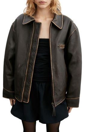 Mango Oversize Distressed Leather Jacket in Brown at Nordstrom, Size Medium