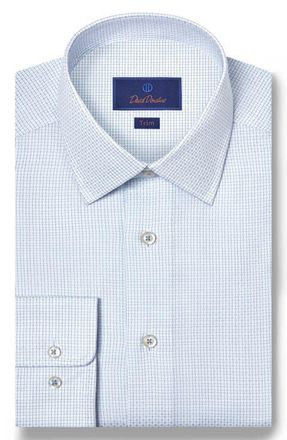 David Donahue Trim Fit Microgrid Cotton Dobby Dress Shirt in White/Blue at Nordstrom, Size 18.5 - 36