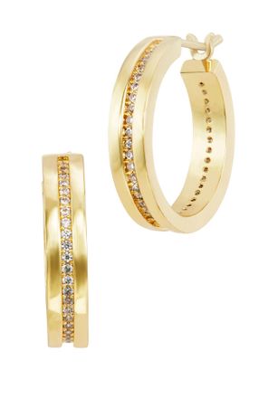 Savvy Cie Jewels 14K GOLD PLATED OVER BRASS WHITE CZ WIDE HOOP EARRINGS