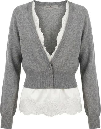 Ermanno Scervino Lace-Trim V-neck Cardigan - female - Ermanno Scervino - Cashmere Knitwear - Gray - M - Knitwear