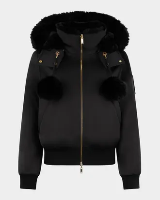Moose Knuckles Debbie Satin Bomber Jacket with Removable Hood & Pom Poms