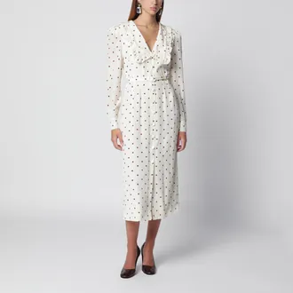 Alessandra Rich Abito midi color crema a pois bordeaux in seta