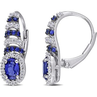 Delmar Sterling Silver Lab Created Blue & White Sapphire Halo Lever Back Earrings at Nordstrom Rack