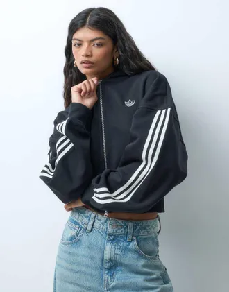 adidas Originals felpa con cappuccio Signature con zip integrale nera-Nero