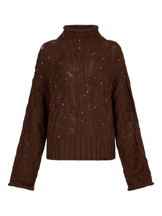Liu Jo Brown Turtleneck Sweater With Knitted Pattern And Rhinestones