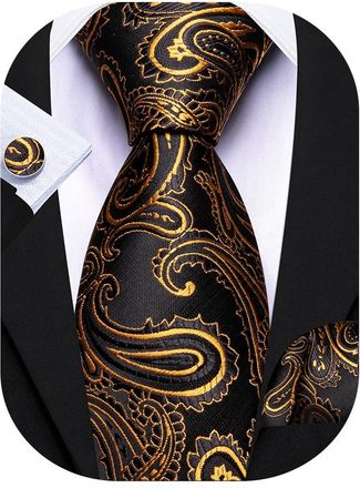 Barry.Wang Paisley Ties Mens 63 Extra Long Wedding Necktie Silk Handkerchief Cufflinks Set Party Gold Black