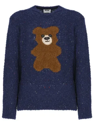 Moschino Blue Boucl&eacute; Wool-Blend Teddy Bear Motif Sweater
