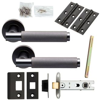 Loops Door Handle & Latch Pack Matt Black Knurled Round Lever Screwless Round Rose