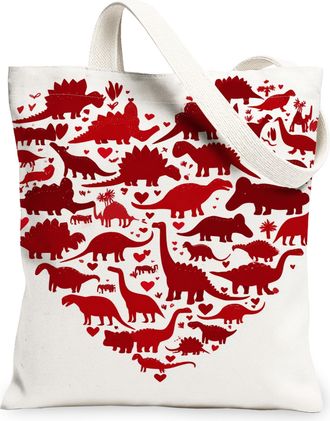 Generic Cute Dinosaur Canvas Tote Bags, Heart Pattern Reusable Grocery Bags, Lightweight Washable Shoulder Strap Canvas for Travel, White, 13x15 Inch