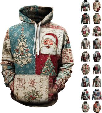 Generic Christmas Hoodie for Men Vintage Christian Cross Xmas Tree Santa Print Sweatshirt Retro Long Sleeve Holiday Pullover Shirt, A04-White, XXL