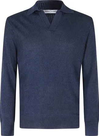 Gran Sasso Blue Skipper Ribbed Trim Linen-Blend Sweater