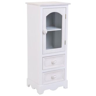 Wanderlust Deco Vitrina de madera y cristal de 1 puerta y 2 cajones blanco 32x26x80