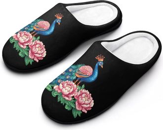 Generic Peacock Flower Womens Slippers Warm House Slippers Indoor House Shoes with Anti-Skid Rubber Sole